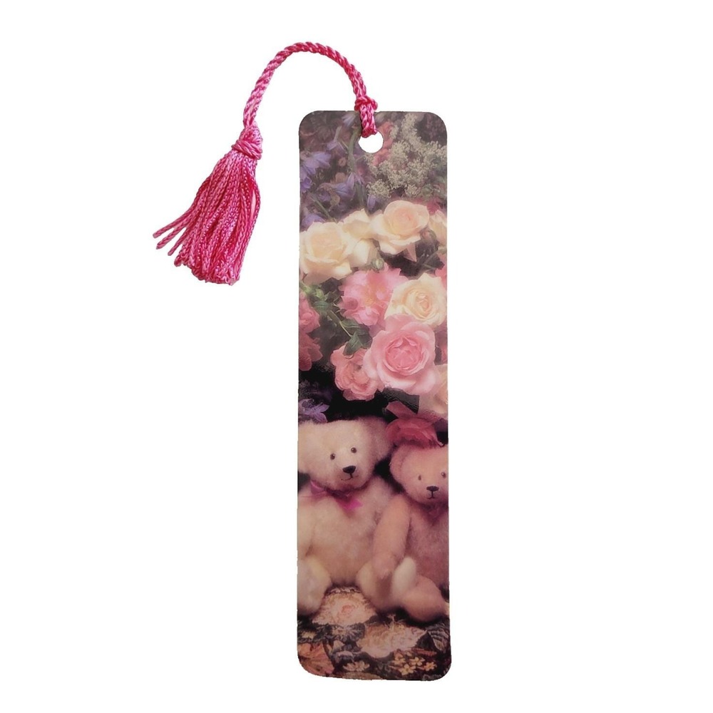 Vintage 80s Teddy Bears & Roses tassel Bookmark Koren Trygg 1989 Photique H-1231
